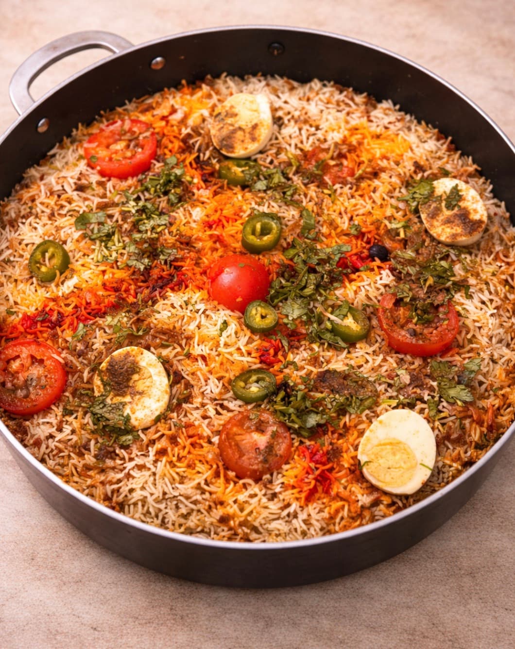Biryani — saffron rice with tomatoes and herbs in a dark pan